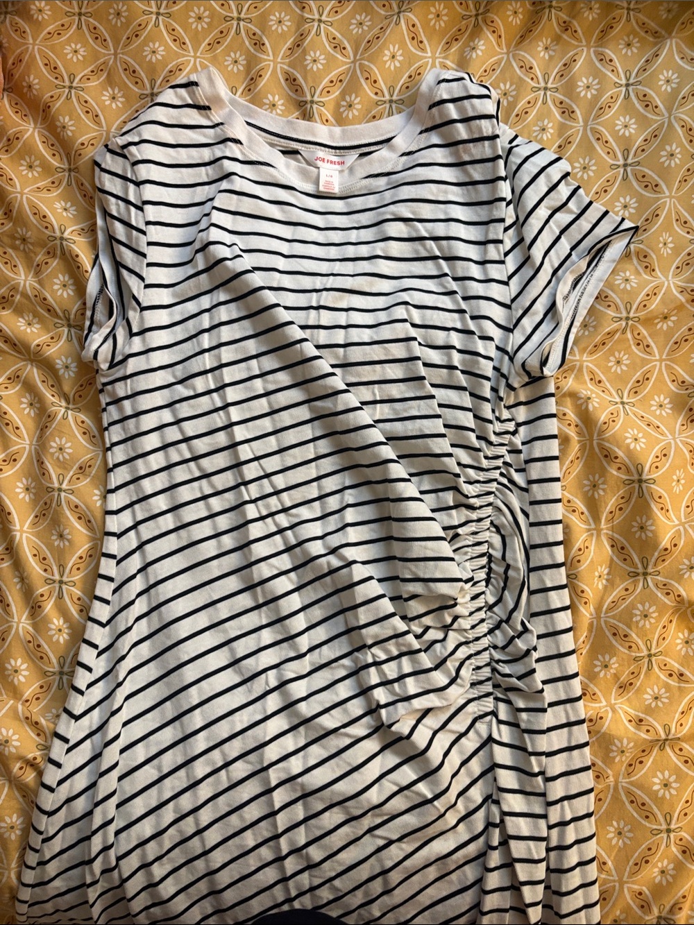 Joe Fresh Black & White Striped Short Sleeve Top with Side Ruched Detail
